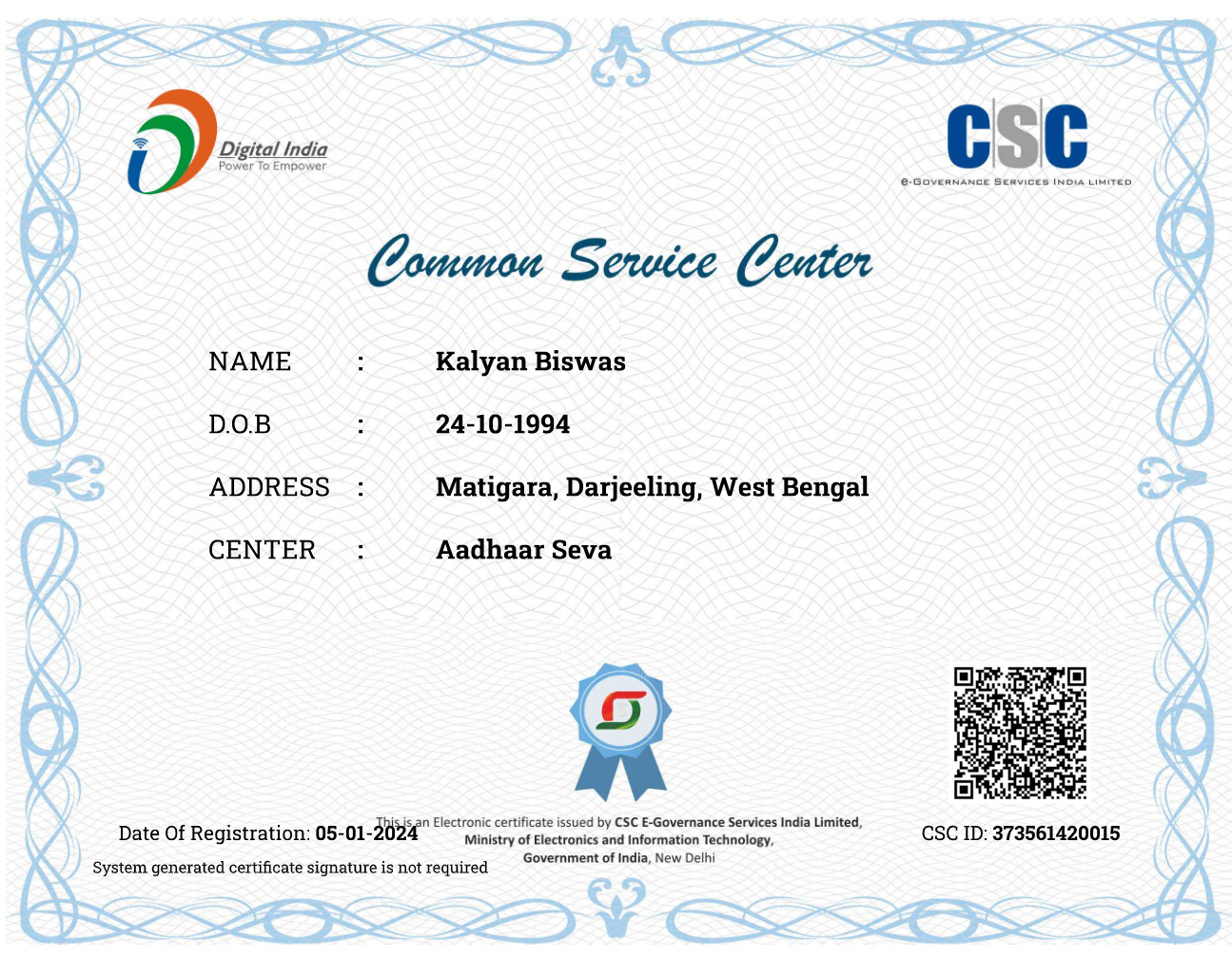 CSC Certificate - Aadhaar Seva Kendra